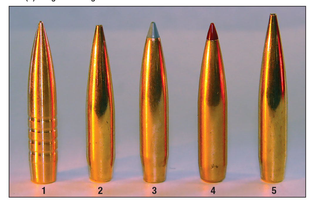 Bullets used to run the 6.5-06 A-Square through the paces included:  (1) McGuire Ballistics’ 125-grain Copper Rose, (2) Berger’s 140-grain Elite Hunter, (3) Nosler’s 142-grain LR AccuBond, (4) Hornady’s 143-grain ELD-X and (5) Berger’s 156-grain EOL Elite Hunter.